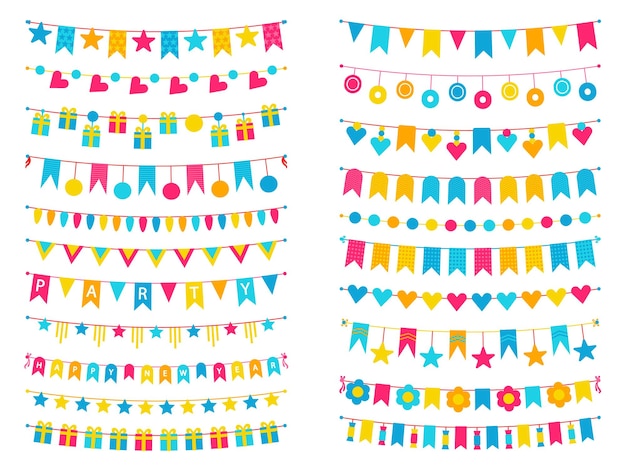 Banderines decorativos, coloridas guirnaldas festivas y pancartas. Empavesados de decoración de fiesta de cumpleaños, guirnalda de carnaval y conjunto de vectores de bandera