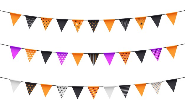 Banderines de guirnalda larga de vacaciones de Halloween con adornos festivos Banderas triangulares vectoriales aisladas de color naranja y blanco púrpura con calaveras y arañas, calabazas y sombreros de bruja, puntos y rayas