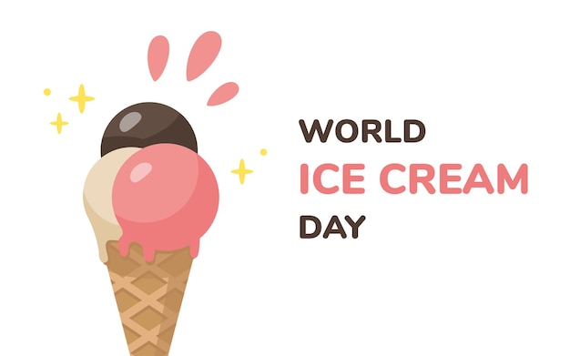 Baner de la tarjeta postal del Día Mundial del Helado con un lindo cono de helado de dibujos animados Ilustración vectorial en estilo caricatura