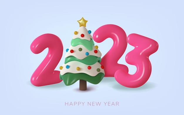 Banner de 2023 con un árbol de Navidad y una ilustración de vector numérico rosa Celebración de Feliz Navidad y Feliz Año Nuevo