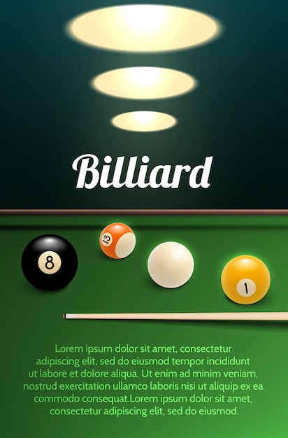 Banner 3d de deporte de billar con bola de mesa y taco