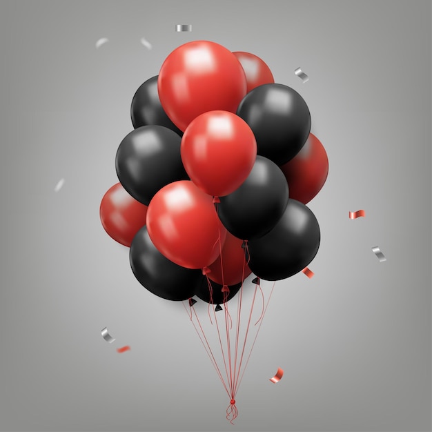 Banner 3D globos rojos y negros confeti brillante para el Viernes Negro Perfecto para el marketing