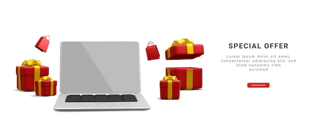 Banner 3d realista para compras en línea en su tienda con bolsa de compras para computadora portátil y caja de regalo aislada sobre fondo blanco Ilustración vectorial