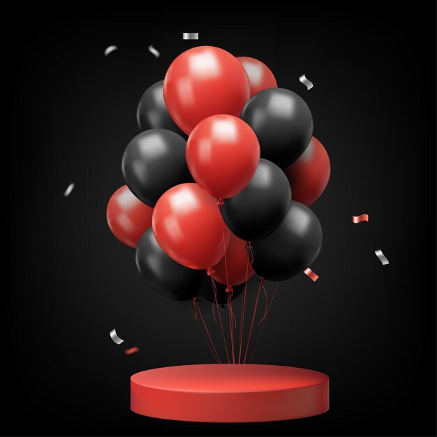 Banner 3D del Viernes Negro con confeti de globos rojos y negros y un podio