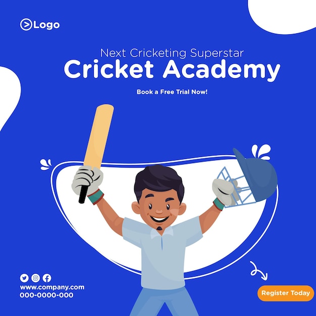 Banner de la academia de cricket en estilo de dibujos animados