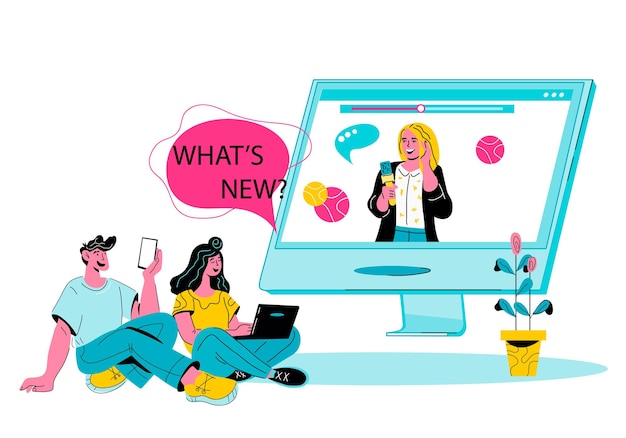 Banner de actualización de noticias en línea con personas viendo noticias de transmisión social Blog de información y noticias
