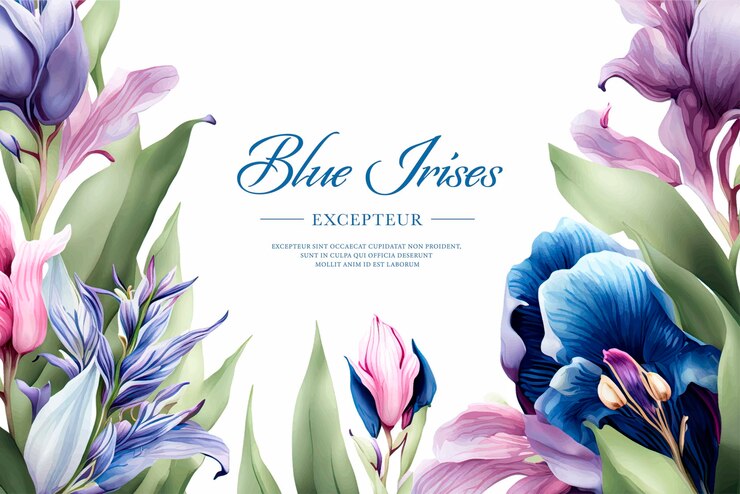 Vector banner de acuarela vectorial con hermosas flores de iris enmarcadas para vacaciones de primavera o verano