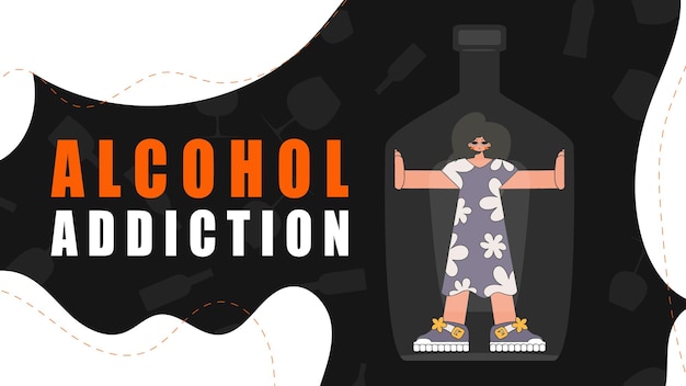 Banner Adicción al alcohol Una mujer es una rehén dentro de una botella