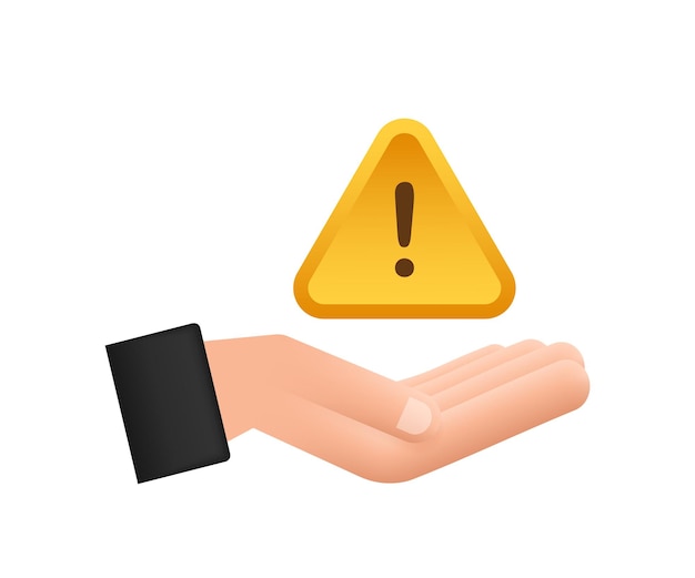Banner con alerta amarilla de estafa sobre las manos Signo de atención Icono de seguridad cibernética