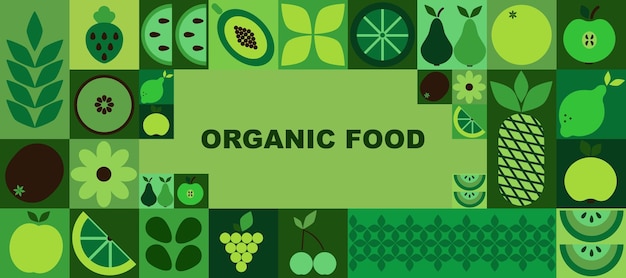 Banner de alimentos orgánicos Bauhaus Frutas geométricas abstractas patrón verde de colores brillantes formas simples Fondo orgánico natural cartel horizontal agricultura ecológica diseño ilustración vectorial