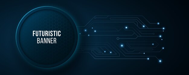 Banner de alta tecnología con circuito de computadora. Diseño de tecnología moderna. Panal de neón azul brillante. Resumen luces brillantes.