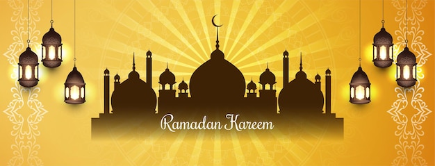 Banner amarillo brillante del festival de Ramadán Kareem