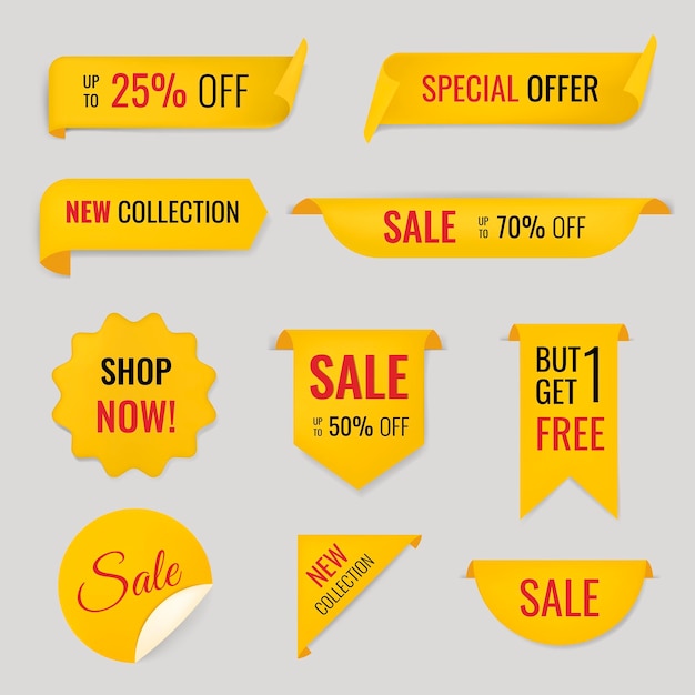 Banner amarillo de venta y adhesivo de descuento Conjunto de gráficos de compras promocionales