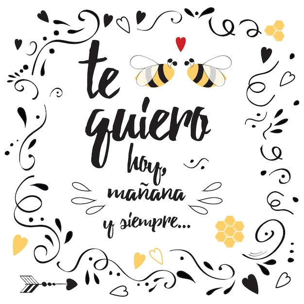 Vector banner de amor romántico para feliz día de san valentín o boda con lindo adorno dibujado a mano y eslogan español positivo