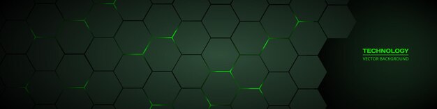 Banner ancho de tecnología abstracta hexagonal verde oscuro