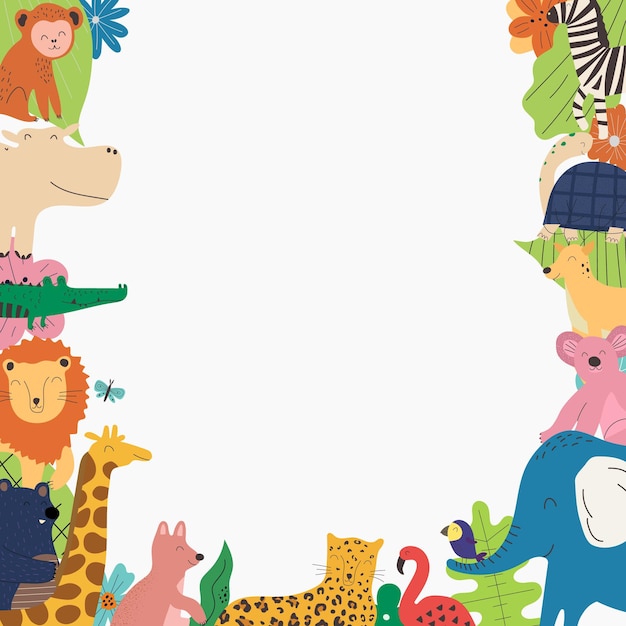 Vector banner con animales coloridos dibujados a mano y espacio vacío plantilla de estilo lindo para niños para diseño y educación ilustración de vector de diseño plano