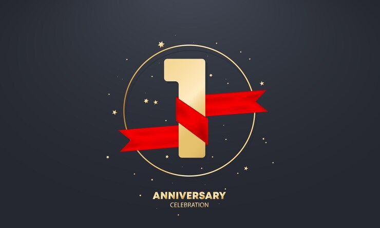 Banner de aniversario de un año con cinta roja sobre fondo blanco. Plantilla de cartel o folleto. Vector EPS 10. Aislado en el fondo.