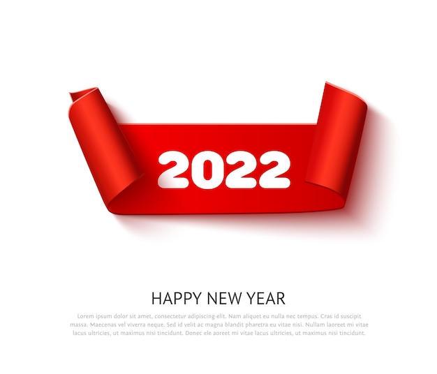 Banner de año nuevo 2022. Banner de enrollamiento de papel rojo aislado sobre fondo blanco para el diseño de año nuevo