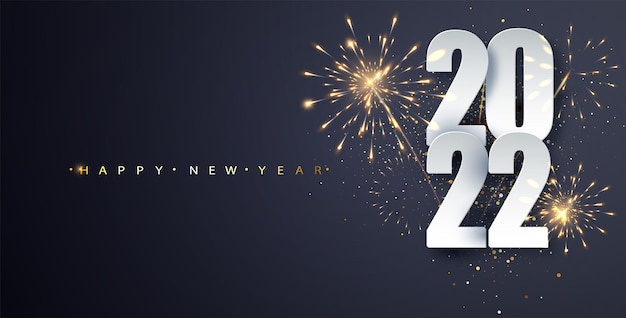 Vector banner de año nuevo 2022 en el fondo de fuegos artificiales. tarjeta de felicitación de lujo feliz año nuevo. fondo de celebración de fuegos artificiales.