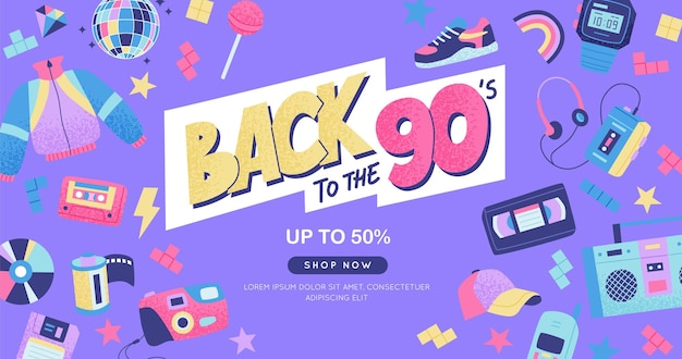 Banner de los años 90: letras y elementos dibujados a mano de colores brillantes y ilustrados por vectores en planos de moda.