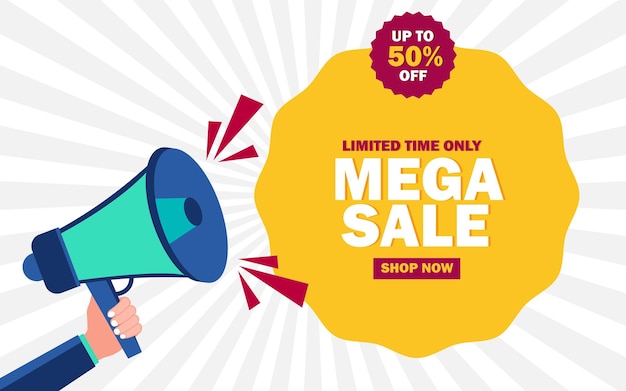 Vector banner anunciando mega venta en megáfono