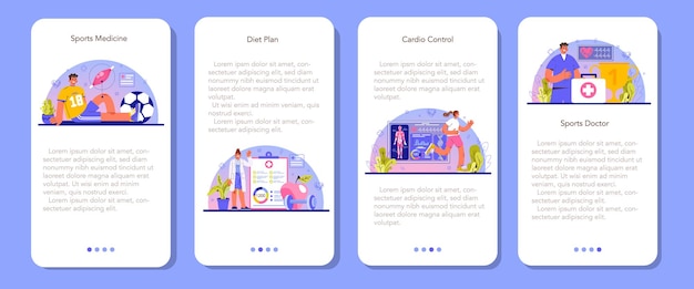 Vector el banner de la aplicación móvil de terapia deportiva establece personas que hacen ejercicio deportivo