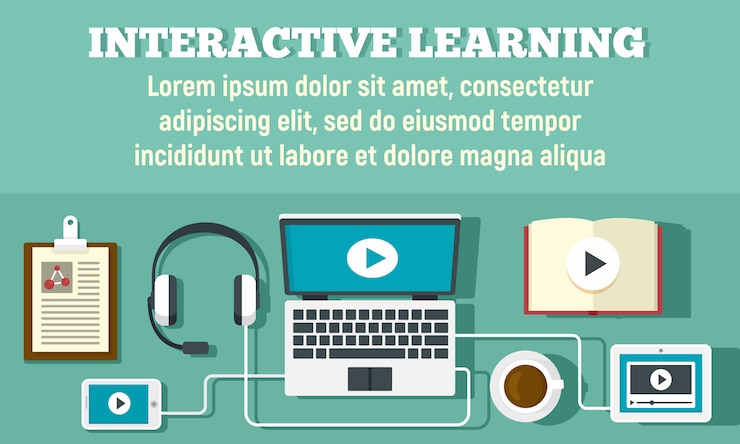 Vector banner de aprendizaje interactivo, estilo plano.