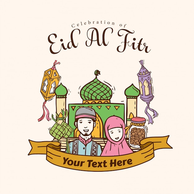 Banner de arte doodle islámico para eid al fitr