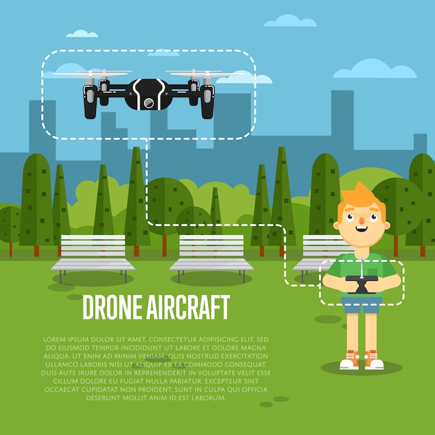 Vector banner de aviones no tripulados con robot volador