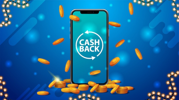 Banner azul de devolución de dinero con un gran teléfono inteligente con monedas de oro alrededor y monedas de oro cayendo desde la parte superior