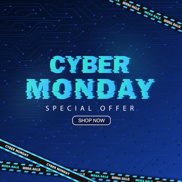 Vector banner azul con texto de neón y cintas de barricada para la venta del cyber monday