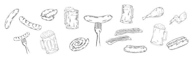 Vector banner de barbacoa para el sitio web papel de tarjeta con salchichas tocino cerdo pollo pretzel cerveza bocadillos y