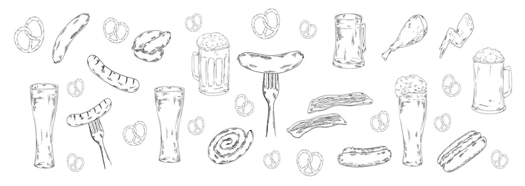 Vector banner de barbacoa para el sitio web papel de tarjeta con salchichas tocino cerdo pollo pretzel cerveza bocadillos y