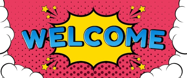 Banner de bienvenida en estilo retro cómico con efecto de texto editable.