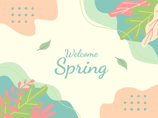 Banner de bienvenida de primavera con hojas y flores sobre un fondo blanco
