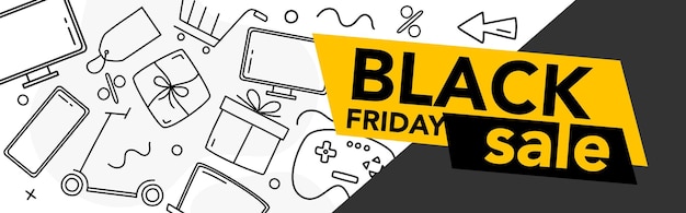 Vector banner black friday compras compras venta dibujado a mano doodle vector