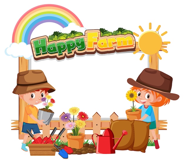 Banner en blanco con el logo de happy farm y niños de granjero aislados en blanco