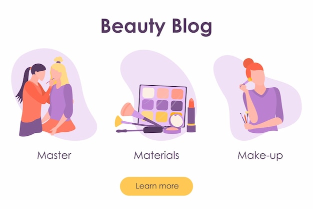 Banner de blog de belleza con personajes femeninos y productos cosméticos Página de destino con maquillaje