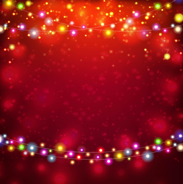 Vector banner bokeh rojo con guirnalda de estrellas y luces