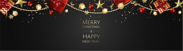 Banner con bolas navideñas y estrellas