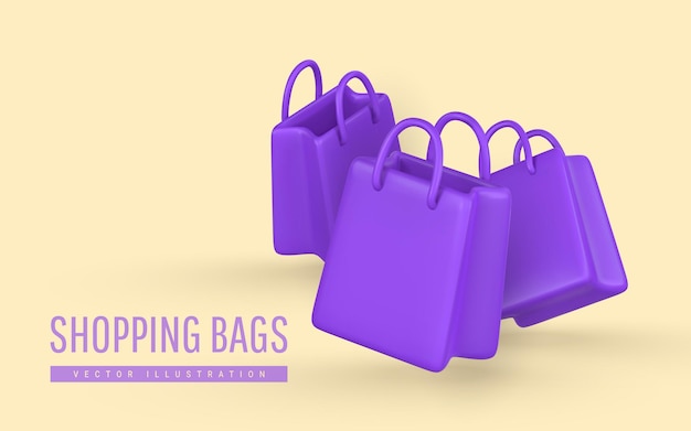 Banner de bolsas de compras 3d en estilo de dibujos animados Concepto de compras de venta de promoción de descuento Vector