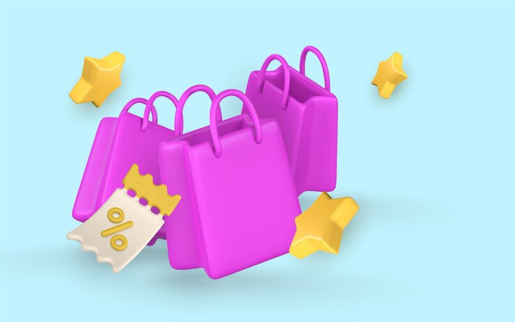 Vector banner de bolsas de compras 3d en estilo de dibujos animados concepto de compras de venta de promoción de descuento vector