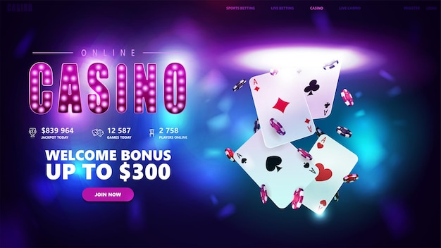 Banner de bonificación de bienvenida del casino en línea para el sitio web con botones de juego de cartas con fichas de póquer que salen del portal