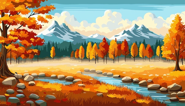 Vector banner bosque un río en las montañas con una montaña en el fondo paisaje de otoño con