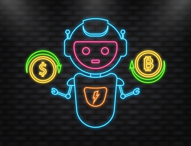 Vector banner de bot plano comercio de inversión financiera inteligencia artificial concepto de comercio de acciones móviles