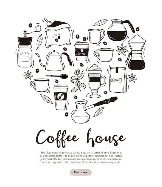 Banner de café con diferentes tipos de café. Estilo Doodle, bosquejo