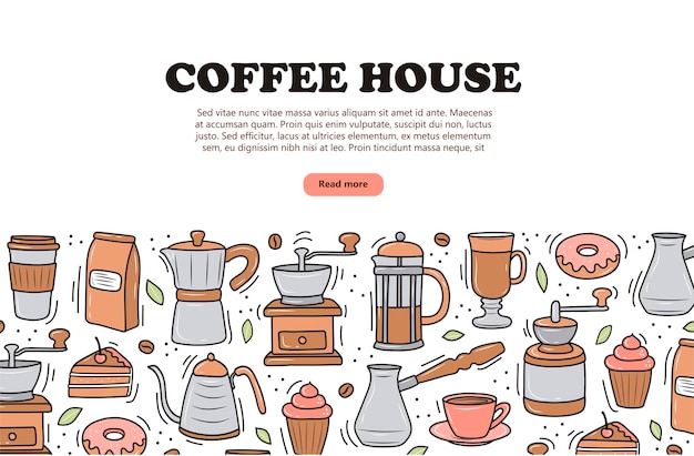 banner de café sobre fondo blanco estilo doodle