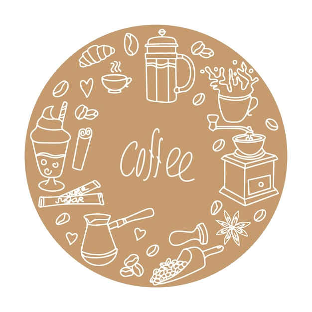 Banner para una cafetería iconos de cafetería de dibujos animados bonitos conjunto de diseños de café dibujados a mano bebidas, bocadillos y café vector contorno de café y panadería dibujado a mano para el menú de la cafetería vector