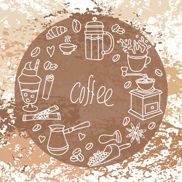 Banner para una cafetería Iconos de cafetería de dibujos animados bonitos Conjunto de diseños de café dibujados a mano Bebidas, bocadillos y café Vector Contorno de café y panadería dibujado a mano para el menú de la cafetería Vector