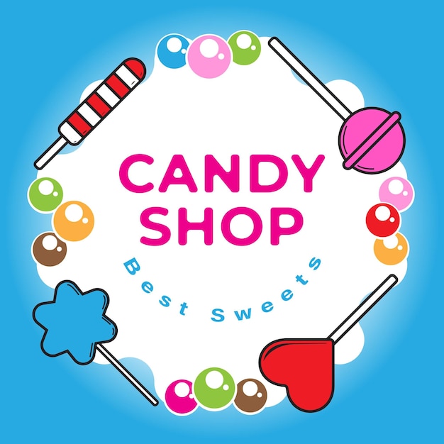 Banner de candy shop con dulces en el fondo de color azul adecuado para plantilla de publicación en redes sociales o promoción de medios impresos